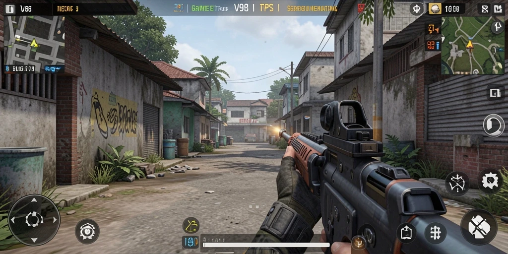 Tangkapan layar gameplay V98 menunjukkan aksi menembak yang mendebarkan.