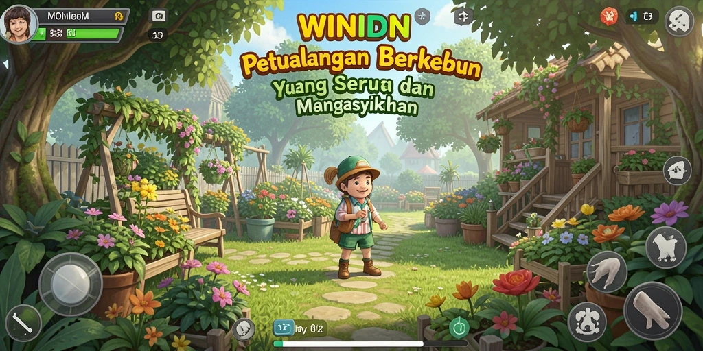 Screenshot gameplay WINIDN menunjukkan kebun yang indah dan berwarna-warni.